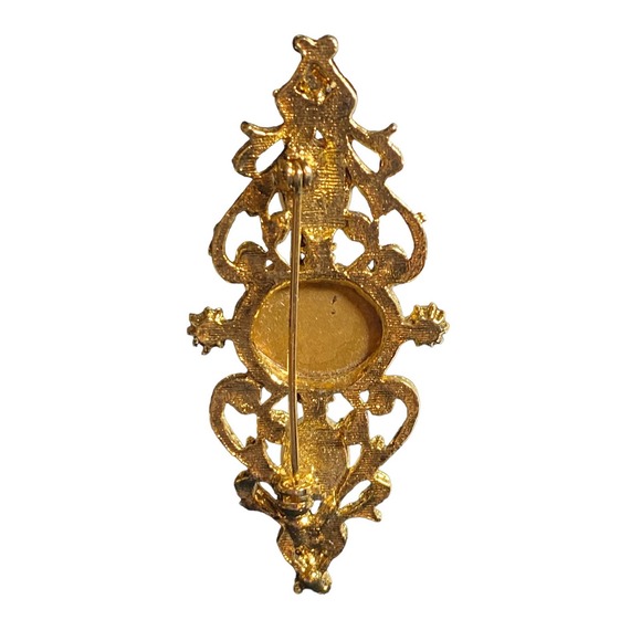 Unsigned Vintage Brooch Pin Gold Tone Scrolled Rhinestone & Pearl 2.5" Jewelry - Picture 5 of 7